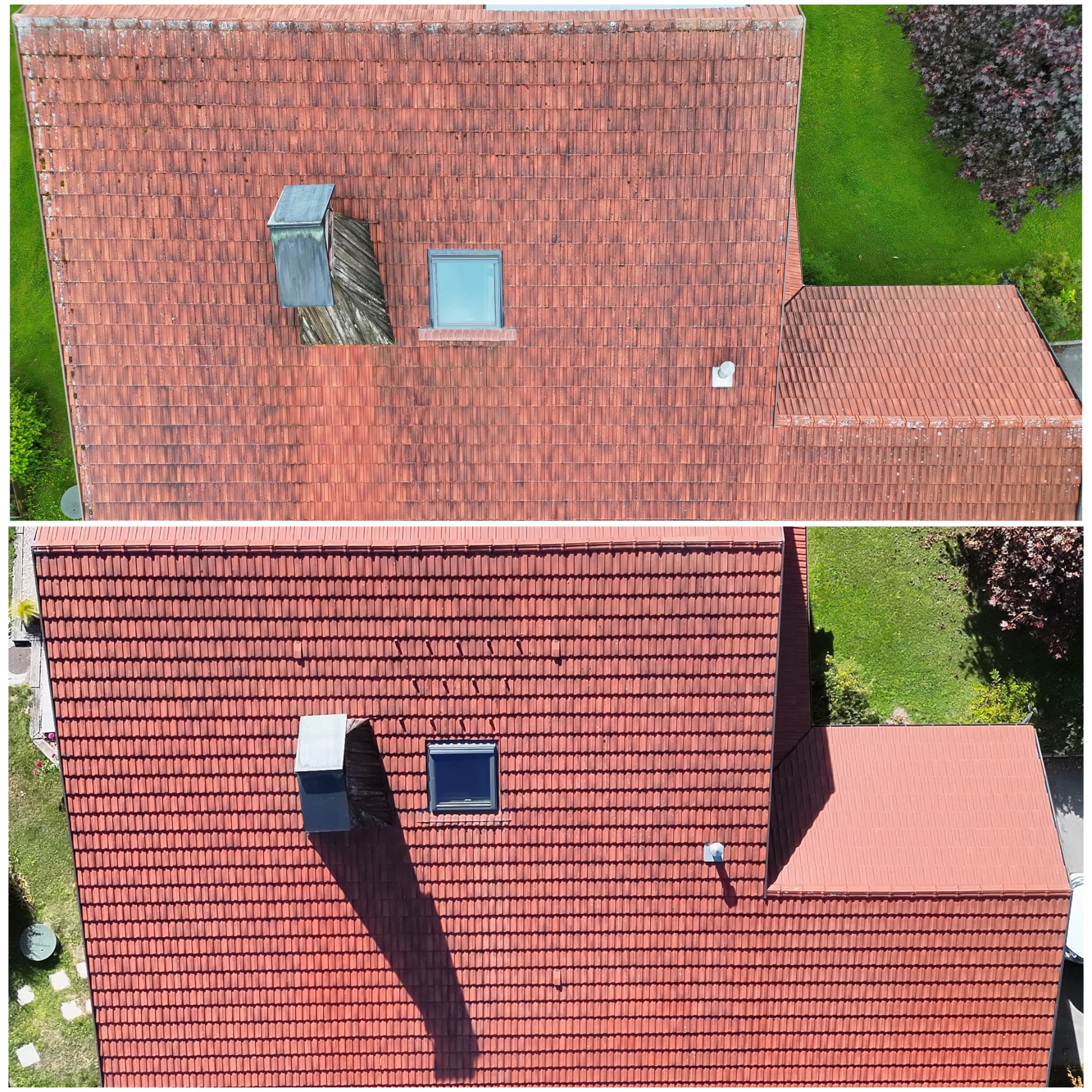 Toiture avant et après nettoyage par drone